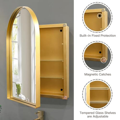 Arched Medicine Cabinet, Recessed Medicine Cabinet Surface Mount Medicine Cabinet with Mirror and Adjustable Shelves Medicine Cabinet Wall Mounted Bathroom Mirror Cabinet, 24x36 Inch (Gold) - color: Gold