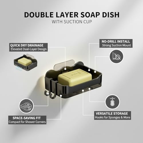 Suction Cup Soap Dish, Double Layer Wall Mount Holder for Shower & Sink, No Drill PP Plastic Drainage Tray (1 Pack) - color: Black