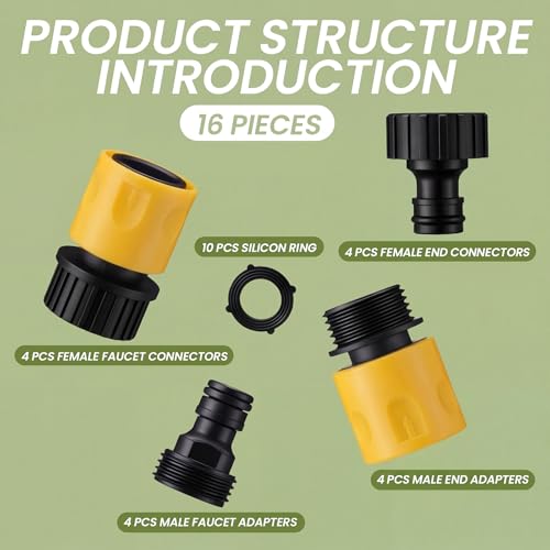 Hotop 16 Pcs Garden Hose Quick Connector, 3/4 Inch Fittings, Yellow | Male Female Fittings, 10 Rubber Gaskets, Plastic Adapters for Garden Watering, Car Wash, Leak-Proof, Tool-Free Install - color: Yellow