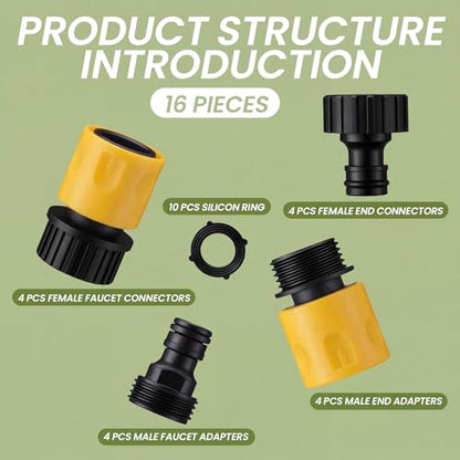 Hotop 16 Pcs Garden Hose Quick Connector, 3/4 Inch Fittings, Yellow | Male Female Fittings, 10 Rubber Gaskets, Plastic Adapters for Garden Watering, Car Wash, Leak-Proof, Tool-Free Install - color: Yellow