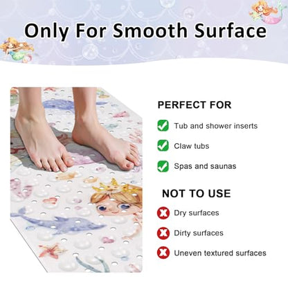 Topotdor Kids Bathtub Mat Non Slip, Tub Mat with Suction Cups 40x16 Inch | Nautical Mermaid Bath Mats for Baby , Extra Long Washable Bath Tub Mat with Drain Holes for Bathroom inside Tub - color: Pink Mermaid