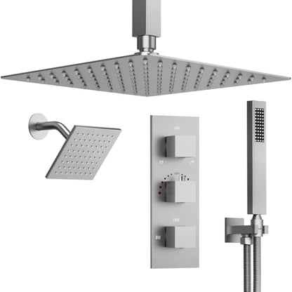 3-Function Thermostatic Shower System with Dual Rainfall Heads, Handheld Sprayer Brushed Nickel - color: Brushed Nickel