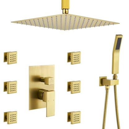 Rain Shower System With Complete 6 Pcs Body Sprays Jets And Pressured Balance Rough-in Valve,12Inch Rainfall Shower Head And Handheld, Modern Brushed Gold Ceiling Mount Shower Faucets Sets - color: Brushed Gold, style: Ceiling-Mount 6 Jets