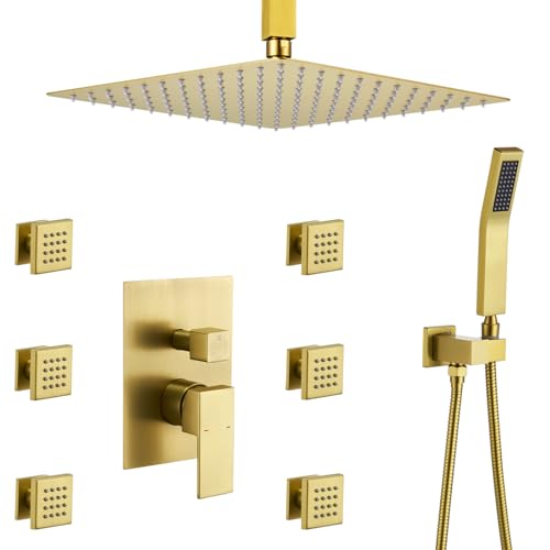 Rain Shower System With Complete 6 Pcs Body Sprays Jets And Pressured Balance Rough-in Valve,12Inch Rainfall Shower Head And Handheld, Modern Brushed Gold Ceiling Mount Shower Faucets Sets - color: Brushed Gold, style: Ceiling-Mount 6 Jets
