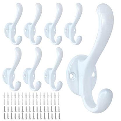 8 Pack Coat Hooks Wall Mount Heavy Duty Utility Retro Double Hooks for Hanging Coats,Hat, Towel, Key, Robe, Scarf, Bag, Cap (White) - color: 8 Pack-White