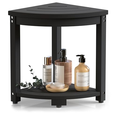 Waterproof HIPS Corner Stool for Shaving Leg, Inside Shower, Black | For seating and foot rest, Wood-Look texture, Easy care, Storage shelf, Non-slip leveling feet, Indoor/Outdoor use, 300 lb - color: Black, size: 3 Leg - Classic