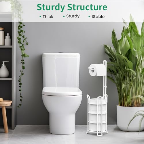 TomCare Toilet Paper Holder Stand Free Standing, Holds 4 Mega Rolls, White | Tool-Free Assembly, Detachable Metal Wire Frame, Powder-Coated Finish, Easy Storage and Flexible Bathroom Placement - color: White, size: Standard