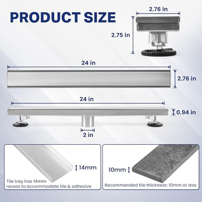 Linear Shower Drain 24 inch with 2-in-1 Flat & Tile Insert Cover - Brushed 304 Stainless Steel Shower Floor Drain - Linear Drain with Reversible Cover & Hair Catcher - Includes Cleaning Tools - color: Brushed Stainless Steel