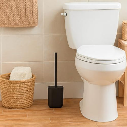 Oval Toilet Brush & Holder Set, Steel Handle, Japandi Decor, Compact, Black | Polyresin, Toilet cleaning, Daily hygiene, Guest bathroom, Small spaces, Hygienic Discreet Holder, Easy to Clean - color: Black