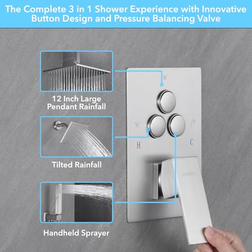 VANFOXLE Rain Shower System Brushed Nickel Shower Faucet Set, High Pressure | Push Button Diverter, 12 Inch Ceiling Mount Rain Head Increased Thick, 6 Inch Side Head, 2-in-1 Handheld Sprayer - color: Brushed Nickel, style: 12"+6" Head