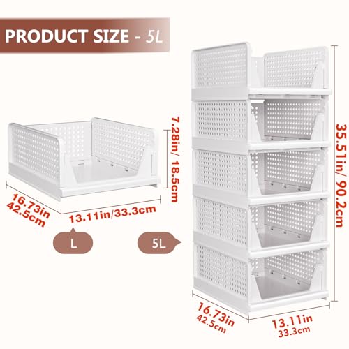 CTSNSLH 5 Pack Closet Organizers Stackable Storage Box | White Stackable Plastic Drawer Bins for Closets, Wardrobes, Kitchens, Bathrooms, Offices - size: 5 PACK-L