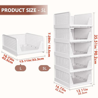 CTSNSLH 5 Pack Closet Organizers Stackable Storage Box | White Stackable Plastic Drawer Bins for Closets, Wardrobes, Kitchens, Bathrooms, Offices - size: 5 PACK-L