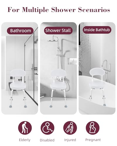 Swivel Shower Chair, 360° Non-Slip Shower Seat with Backrest for Elderly and Disabled, Height Adjustable Rotating Tub Bench for Seniors Bathroom Inside Shower with Compact Frame (White) - color: White