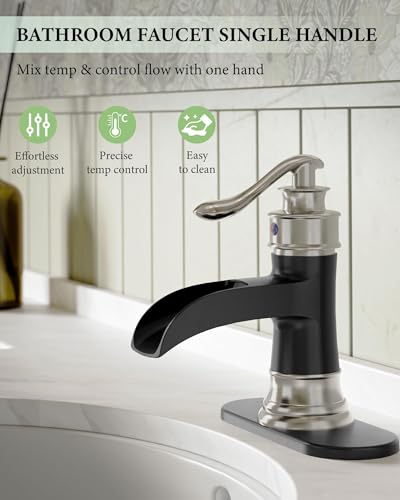 Bathroom Sink Faucet Waterfall Single Handle Matte Black and Brushed Nickel | Lavatory Vanity Basin Mixer Tap One Hole Lever Deck Mount Commercial Supply Line by Homevacious - color: Black & Nickel