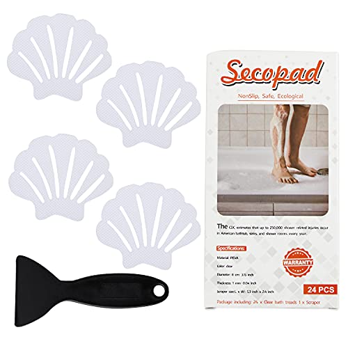 Secopad Non-Slip Bathtub Stickers, 24 PCS Shell Safety Bathroom Tubs Showers Treads Adhesive Decals Scraper (Clear) - color: Clear