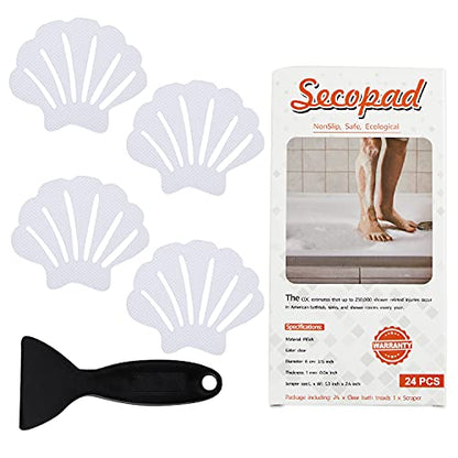 Secopad Non-Slip Bathtub Stickers, 24 PCS Shell Safety Bathroom Tubs Showers Treads Adhesive Decals Scraper (Clear) - color: Clear