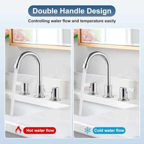 Bathroom Sink Faucet 3 Hole, 8 Inch Widespread, Polish Chrome | Lead-Free SUS304 Stainless Steel 8-Inch Widespread Bathroom Faucet with Pop-Up Drain & Supply Lines - color: Polish Chrome