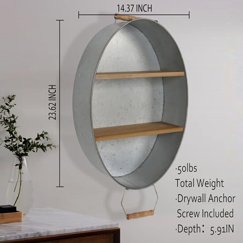 Oakrain Towel Rack with Wood Wall Shelves, Farmhouse Galvanized Wash Tub | Rustic Towel Holder, Decorative Hanging Shelf for Bathroom, Lavatory, Entryway - size: O-Oval