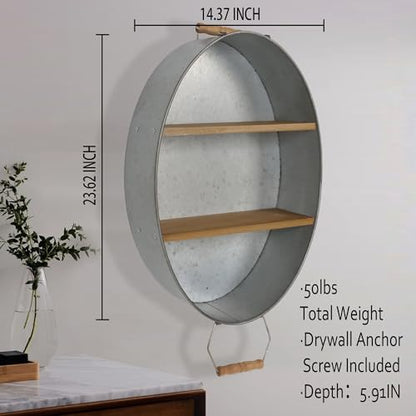 Oakrain Towel Rack with Wood Wall Shelves, Farmhouse Galvanized Wash Tub | Rustic Towel Holder, Decorative Hanging Shelf for Bathroom, Lavatory, Entryway - size: O-Oval