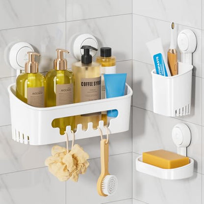 Shower Caddy Suction Cup Set Shower Organizer & Soap Holder & Toothbrush Holder, Bathroom Shelf Basket NO-Drilling, Removable Suction Storage Waterproof Bathroom Caddy, White | Toothbrush Holder, NO-Drilling Bathroom Shelf, Removable Suction Storage, Wate