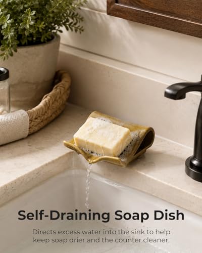 Zoeeker Ceramic Soap Dish for Shower, Bar Soap Holder with Drain Spout | Self Draining Soap Saver for Bathroom Kitchen Sink Bathtub, Sponge Holder, Waterfall Drying Tray Extends Soap Life, Yellow - color: Yellow