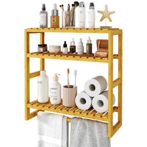 Galood Over The Toilet Storage Bathroom Shelves Wall Mounted 3 Tier Yellow | Space Saver Corner Shelf Organizer Bamboo Towel Rack Toilet Paper Cabinet with Hanging Rod - color: Natural 1pack, size: Standard