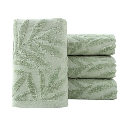 Hand Towels Set of 4 Leaf Pattern 100% Cotton Absorbent Soft Decorative Towel for Bathroom (Green) - color: 4 Green