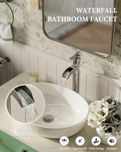 Vessel Sink Faucet Tall Bathroom Faucets Waterfall Brushed Nickel Brass | Single Handle 1 Hole with Pop Up Drain and Supply Line Farmhouse Lavatory Vanity by Homevacious - color: Brushed Nickel