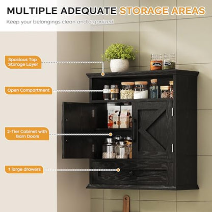 Bathroom Wall Cabinet, Wall Mounted Medicine Cabinet 24.4"H x 23.6"W x 9"D | With Drawer, Barn Doors & Adjustable Shelf, Black Over Toilet Farmhouse Storage Cabinet for Kitchen, Laundry Room, Entryway - color: Black
