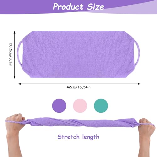 Exfoliating Washcloth with Handles, 3Pcs Back Exfoliator Body Scrub Towel | Easy to Foam, Double-Sided, Stretchable Back Washer for Shower for Women Men(Green, Pink, Purple)