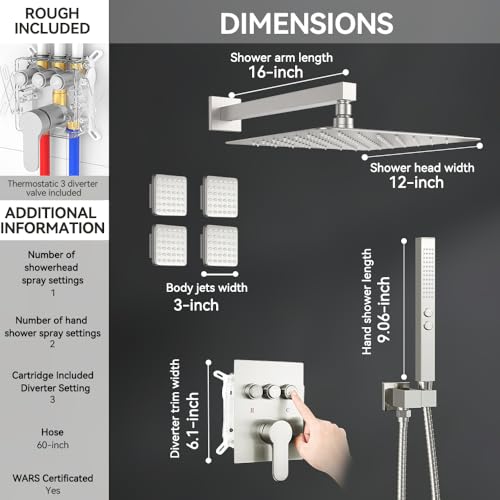 STARBATH Shower Systems with 4 Body Spray Jets, 12" Rainfall Shower Head with Handheld Combo, Can Use All at Once, Push Button Shower Jets System in Wall Shower Faucet Sets Complete,Brushed Nickel - color: Brushed Nickel, size: 12"-04