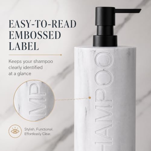 Resin White Marbled Shampoo Engraved Bottle Refillable Pump Dispenser, Durable Waterproof Construction for Bath, Shower - Resin White Marble - Matte Black Pump - color: Shampoo White