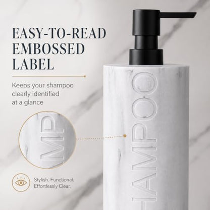 Resin White Marbled Shampoo Engraved Bottle Refillable Pump Dispenser, Durable Waterproof Construction for Bath, Shower - Resin White Marble - Matte Black Pump - color: Shampoo White