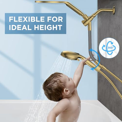 Dual Handheld Shower Head Combo, 2-in-1 Rain Shower Heads System 8 Inch Rainfall Shower Head and 10 Modes High Pressure Hand Held Showerhead with Built-in Power Wash - color: Gold, size: 8 Inch Standard