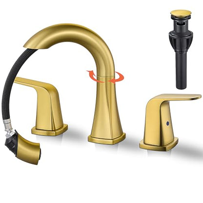 Gold Bathroom Faucet with Sprayer - Brushed Gold Faucets for Sink 3 Holes, Bathroom Pull Down Faucet, 2 Handles 8 Inch Widespread Vanity Faucet with Pull Out Sprayer & Pop-up Drain - color: Brushed Gold