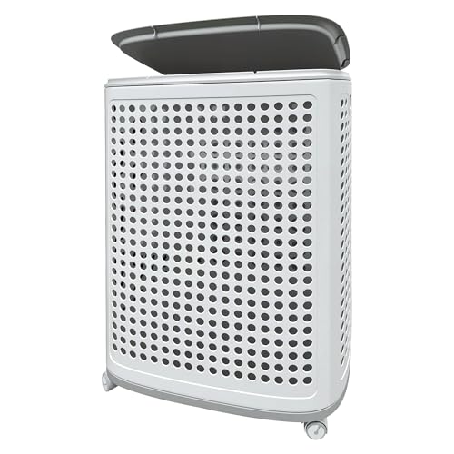 Rolling Plastic Laundry Basket with Lid, Ventilated, White (2-Pack, Medium) | Storage basket. Sturdy & versatile. With wheels & handle. Ideal for laundry room, dorm, bathroom, bedroom, RV, apartment - size: Medium (2-Pack)