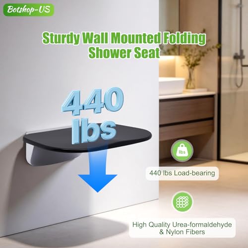 Folding Shower Seat Wall Mounted Show Seat for Adults Foldable Shower Bench Shower Seat Stool for Inside Shower Fold Up Bathroom Stool Floating Shower Seat Chair, 440lbs Capacity