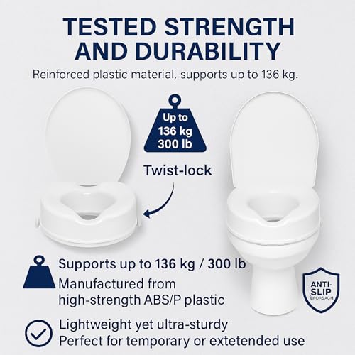 Raised Toilet Seat with Lid 4‑Inch Toilet Riser – Easy Tool‑Free Installation Fits Standard round Toilets Senior, Disabled & Pregnant Support Secure Lock, Durable Plastic