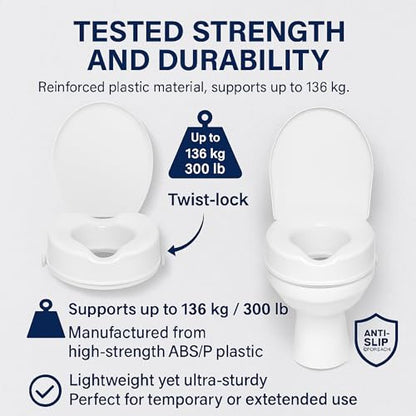 Raised Toilet Seat with Lid 4‑Inch Toilet Riser – Easy Tool‑Free Installation Fits Standard round Toilets Senior, Disabled & Pregnant Support Secure Lock, Durable Plastic