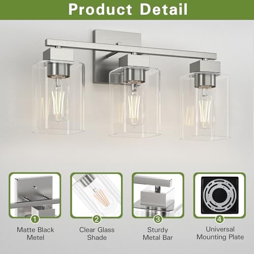 Brush Nickel Bathroom Vanity Light - 3 Light Bathroom Light Fixture Square Design & UL Certification & Square Bath Room Lights Fixture Over Mirror - color: Brush Nickel, size: 3 Light