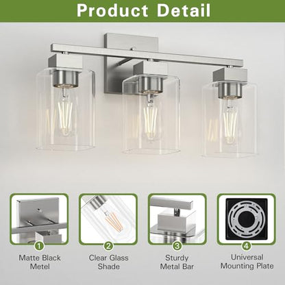 Brush Nickel Bathroom Vanity Light - 3 Light Bathroom Light Fixture Square Design & UL Certification & Square Bath Room Lights Fixture Over Mirror - color: Brush Nickel, size: 3 Light