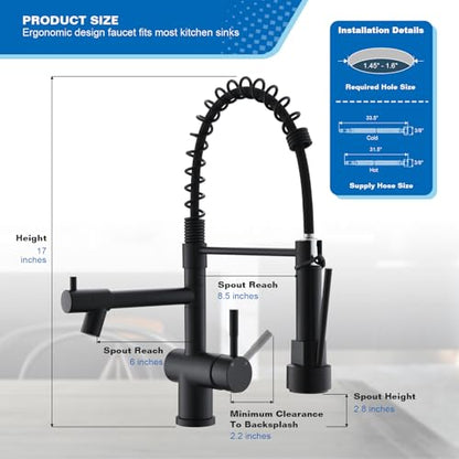 VFAUOSIT Commercial Kitchen Faucet with Pull Down Sprayer, Matte Black | Dual Outlets, Hands-Free Buckle Lock, Tilted Pot Filler, 360° Independent Rotation, cUPC/CEC Certified, 500,000-Cycle Valve - color: Matte Black-01