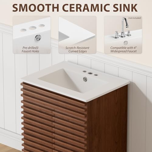 APRILSOUL 24" Bathroom Vanity with Ceramic Sink, Mid-Century Bathroom Vanity Cabinet with 2 Soft Closing Doors, Freestanding Bathroom Vanity, Particleboard Frame with Wood Grain Laminate, Walnut - color: Walnut/ White Sink, size: 24 Inch