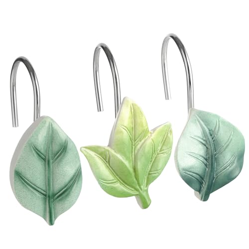 Green Plant Leaf Shower Curtain Hooks,Eucalyptus Bathroom Decor,12PCS | Cute Decorative Leaves Shower Curtain Rings,Metal Rustproof,Easy Installation,Smooth sliding - color: Green