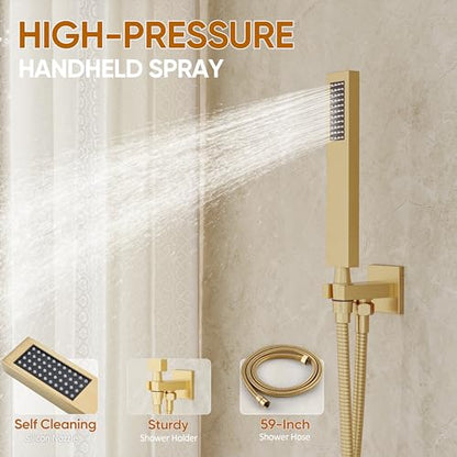 Gold Tub Shower System with 12" Rain Head, Handheld & Valve Kit | All-Metal Tub Shower Faucet Set, Wall Mounted Rain Showerhead, Handheld Spray, Includes Valve and Trim Kit, Brushed Gold - color: Brushed Gold 12
