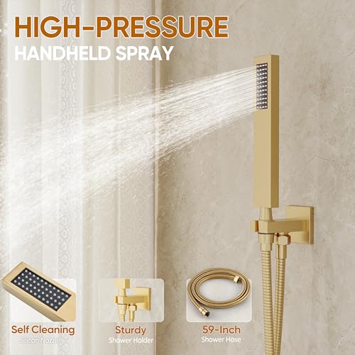 Gold Tub Shower System with 12" Rain Head, Handheld & Valve Kit | All-Metal Tub Shower Faucet Set, Wall Mounted Rain Showerhead, Handheld Spray, Includes Valve and Trim Kit, Brushed Gold - color: Brushed Gold 12
