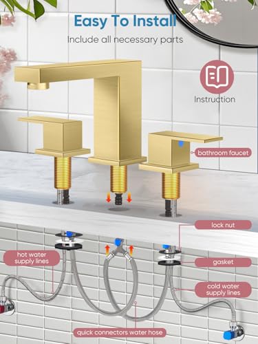 Cobbe Bathroom Faucet 3 Hole, Brushed Gold Bathroom Sink Faucet Widespread | Square 8 Inch with Pop-Up Drain, 2 Handle and 2 Supply Hoses, Lead-Free Stainless Steel, For Vanity, RV, Farmhouse - color: Gold-2, size: 8 Inch Widespread