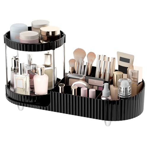 Makeup Organizer Countertop for Vanity with 360 Rotating Perfume Trays, 7-Compartment Skincare Organizers and Make Up Desk Storage, Cosmetic Organizer with Brush Holder for Bedroom Bathroom Counter - color: Black