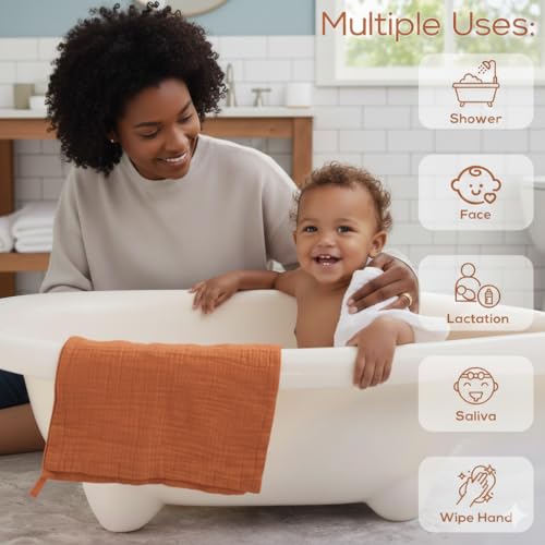 Muslin Baby Washcloths for Newborns, Pack of 8, 11"x11", Super Soft Cotton, Absorbent and Gentle, Baby Cotton Wipes, Baby wash Cloths - color: Rust