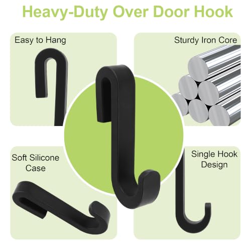 Shower Caddy Hook 2Pcs No Drilling Over Door Towel Hook Heavy Duty Silicone-Coated Frameless Glass Door Metal Hooks for Bathroom Kitchen (Black) - color: Black（metal inside)